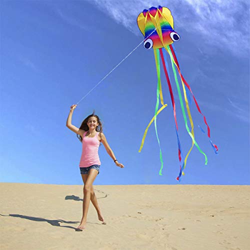 Honbo Rainbow Soft Octopus Kite – 14ft PVC Kite Ready to Fly with 11.5ft Tails