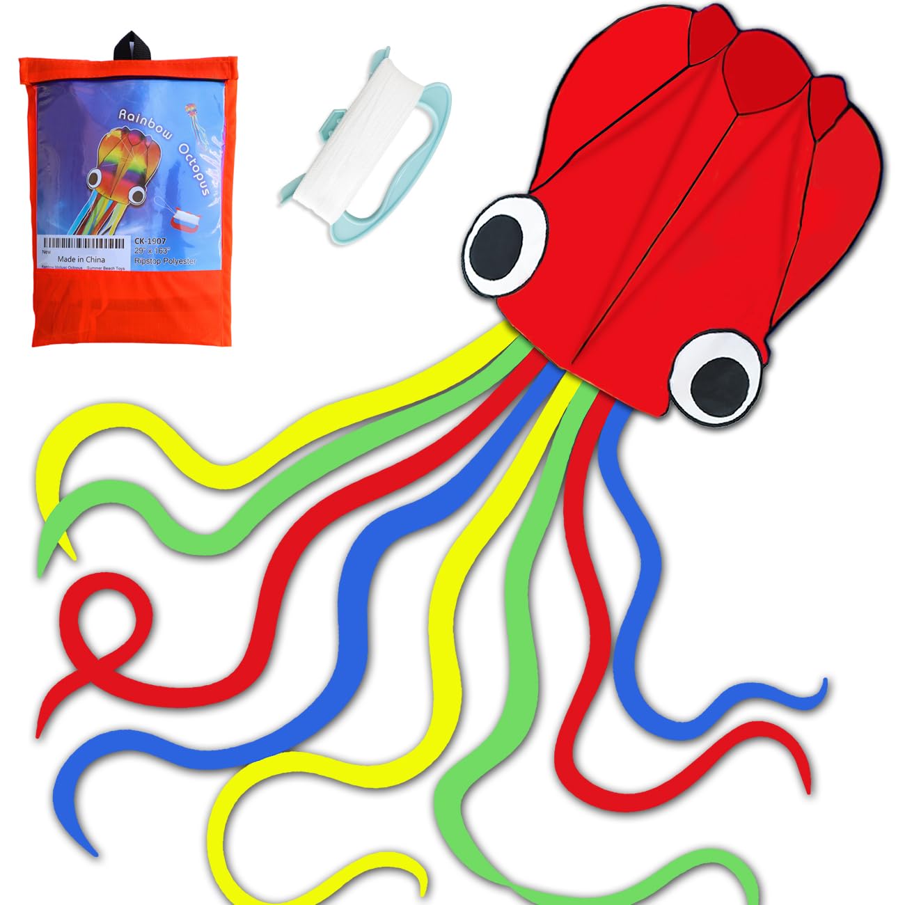 Honbo Rainbow Soft Octopus Kite – Large 29x163 in, Ready to Fly with 200ft Line, Safe for Kids & Adults
