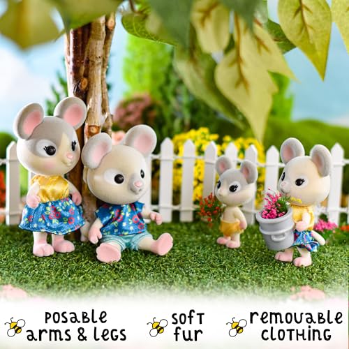 Honey Bee Acres The Cheddars Mouse Family: 4 Miniature Flocked Mouse Figures for Imaginative Play
