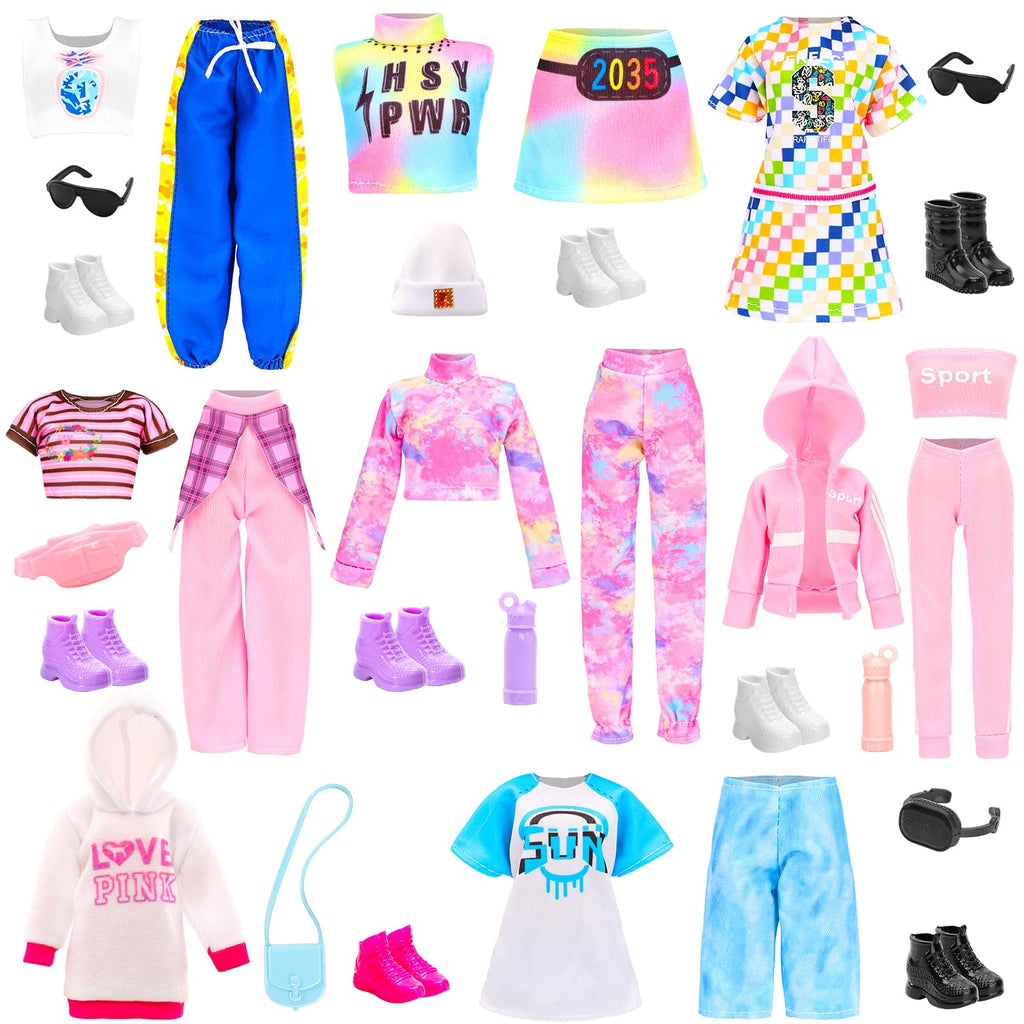 HONLAELLA 24-Piece Doll Clothes & Accessories Set - 8 Sport Outfits, Hooded Dress, Shoes, Sunglasses for 11.5 Inch Dolls