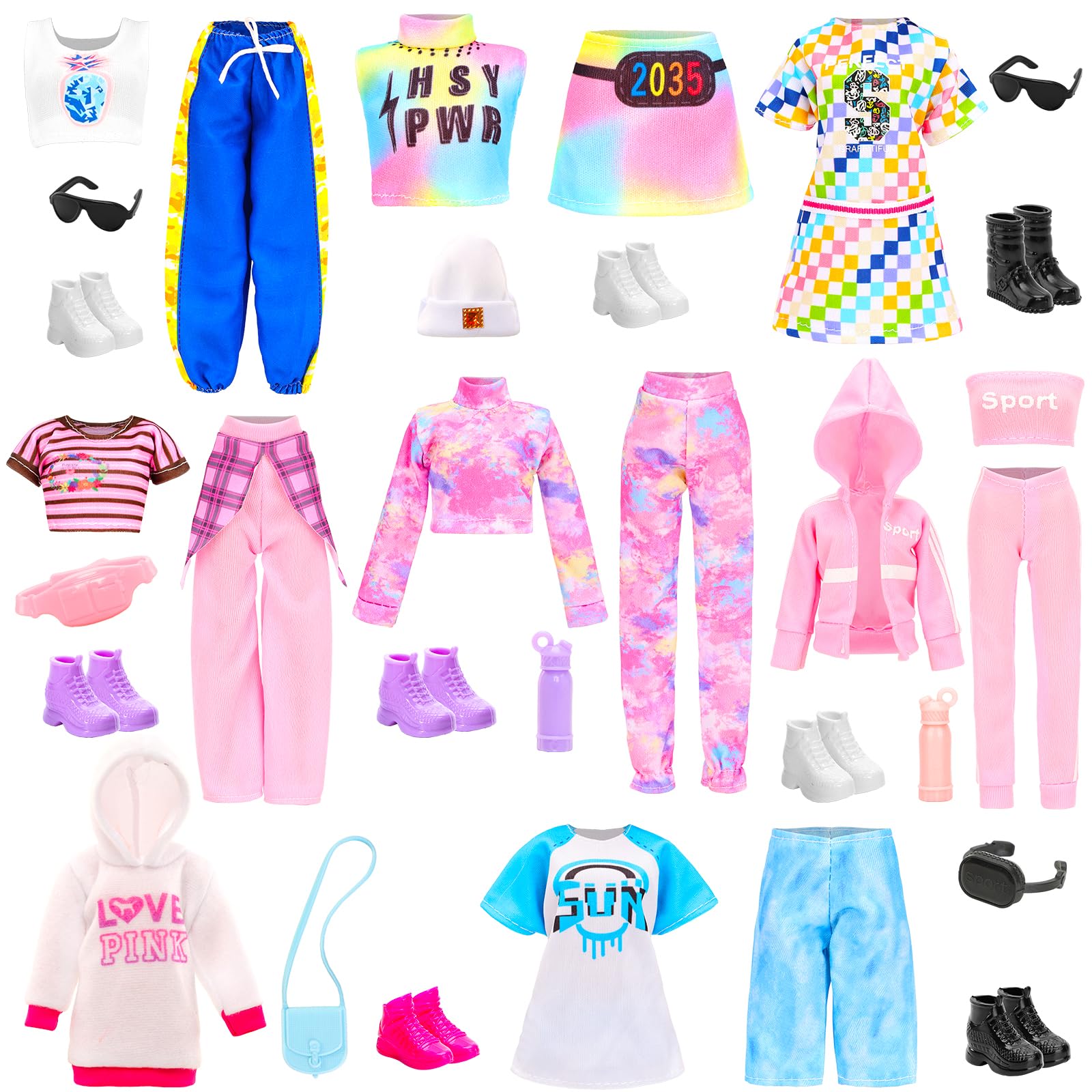 HONLAELLA 24-Piece Doll Clothes & Accessories Set - 8 Sport Outfits, Hooded Dress, Shoes, Sunglasses for 11.5 Inch Dolls