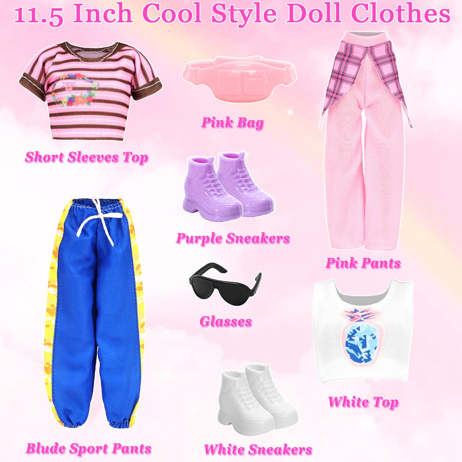 HONLAELLA 24-Piece Doll Clothes & Accessories Set - 8 Sport Outfits, Hooded Dress, Shoes, Sunglasses for 11.5 Inch Dolls