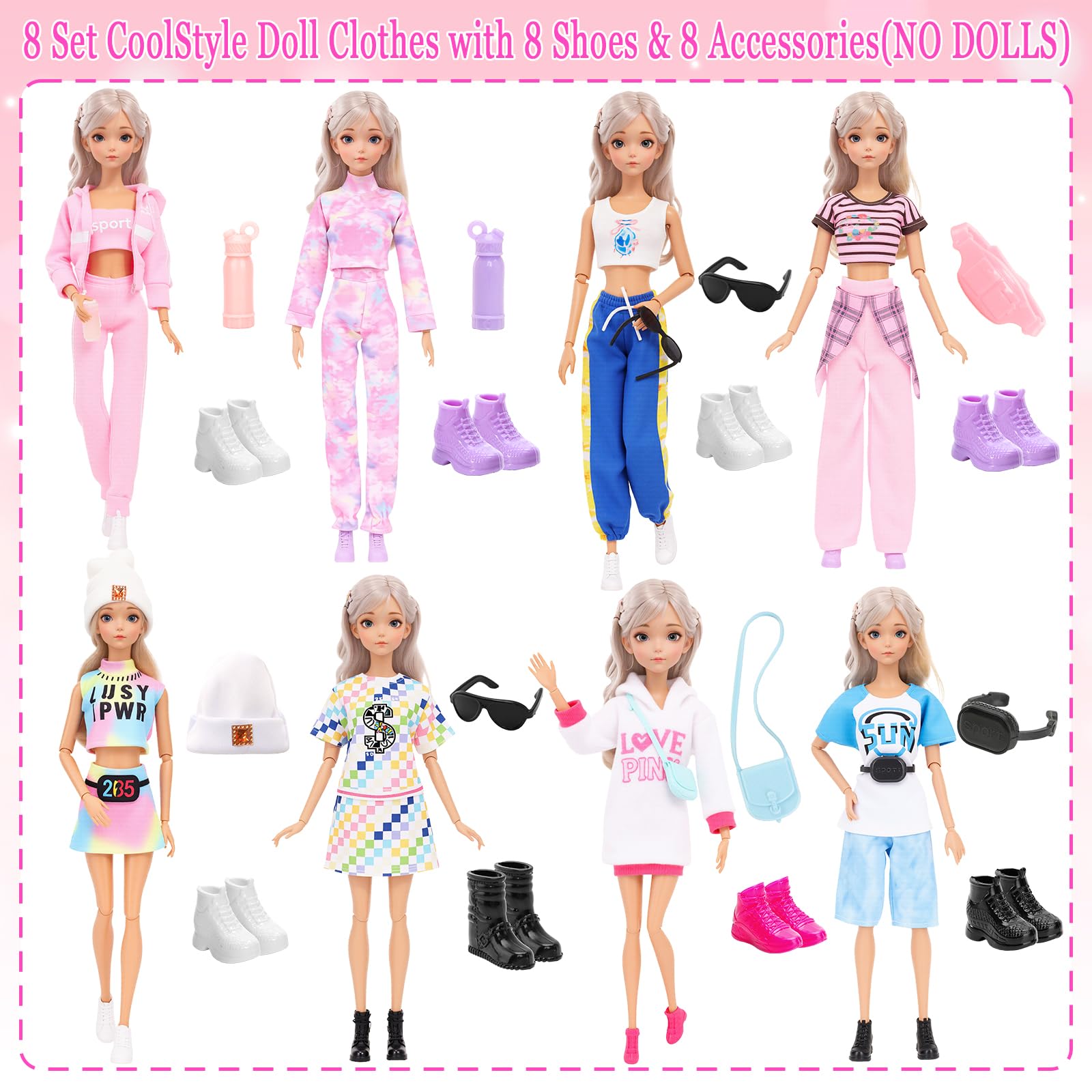 HONLAELLA 24-Piece Doll Clothes & Accessories Set - 8 Sport Outfits, Hooded Dress, Shoes, Sunglasses for 11.5 Inch Dolls