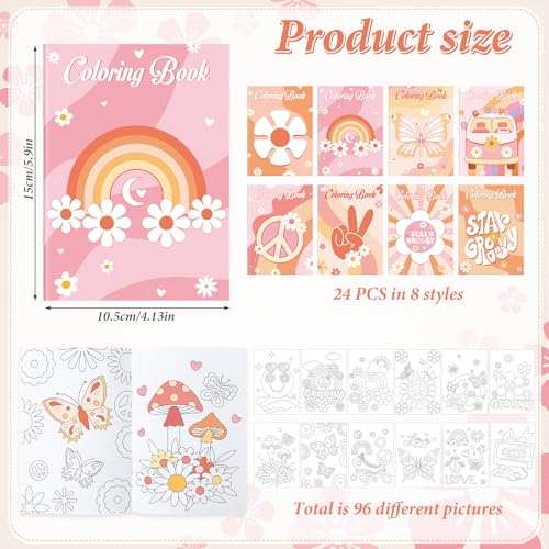 Honoson 24-Pack Hippie Boho Mini Coloring Books - 8 Designs, 12 Pages Each, Portable Activity for Kids Parties & Travel