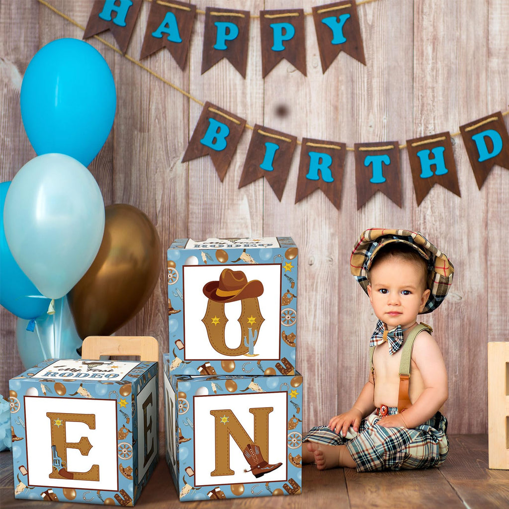 Honoson 3-Pack My First Rodeo Balloon Boxes - Brown Blue Cardstock 11.8 Inch Cubes for 1st Birthday Decorations