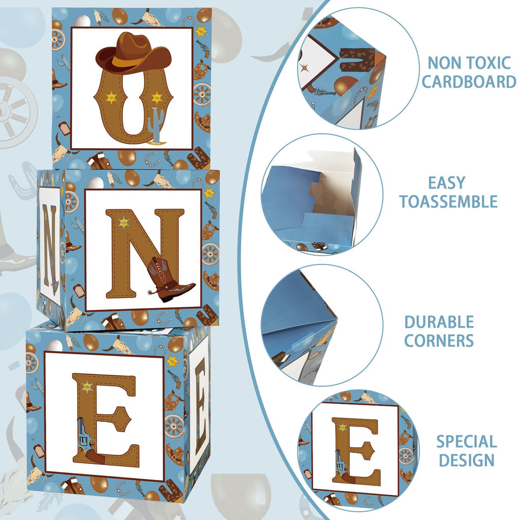 Honoson 3-Pack My First Rodeo Balloon Boxes - Brown Blue Cardstock 11.8 Inch Cubes for 1st Birthday Decorations