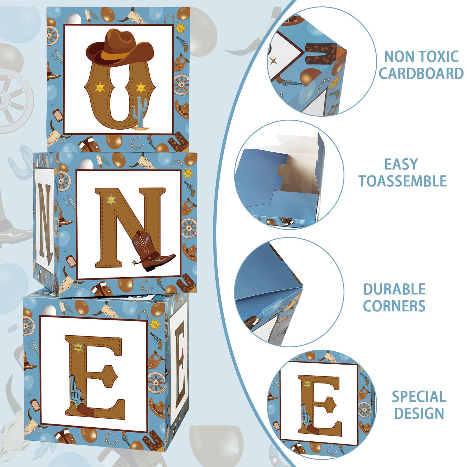 Honoson 3-Pack My First Rodeo Balloon Boxes - Brown Blue Cardstock 11.8 Inch Cubes for 1st Birthday Decorations