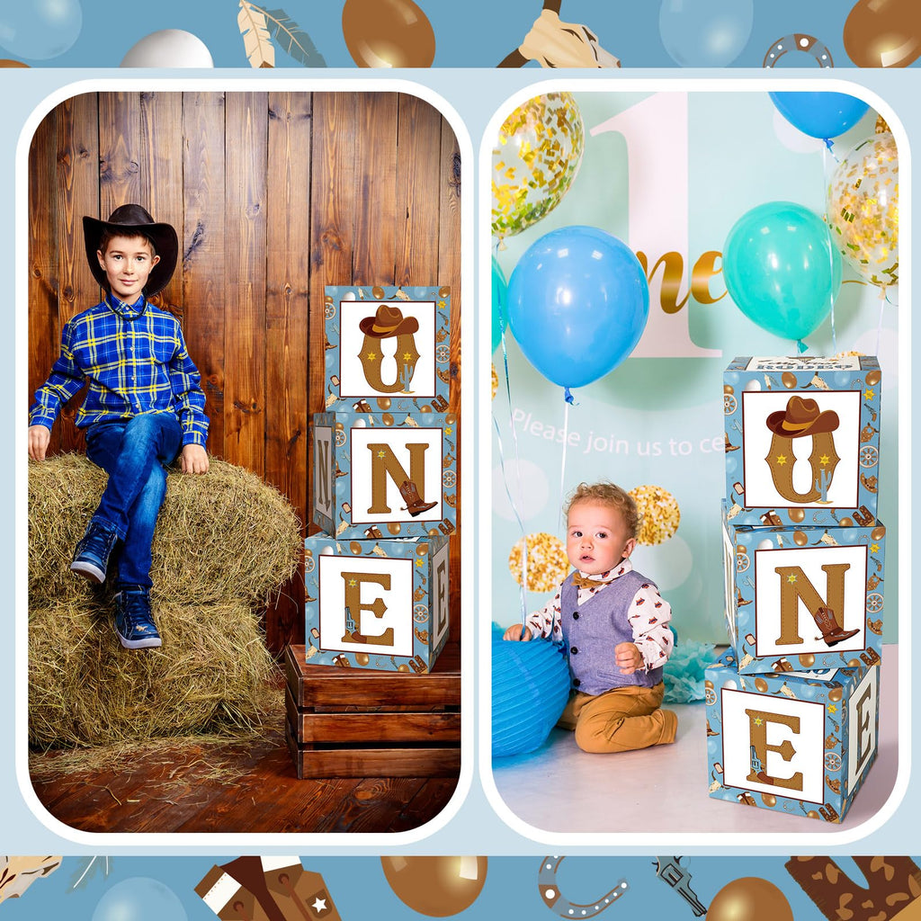 Honoson 3-Pack My First Rodeo Balloon Boxes - Brown Blue Cardstock 11.8 Inch Cubes for 1st Birthday Decorations