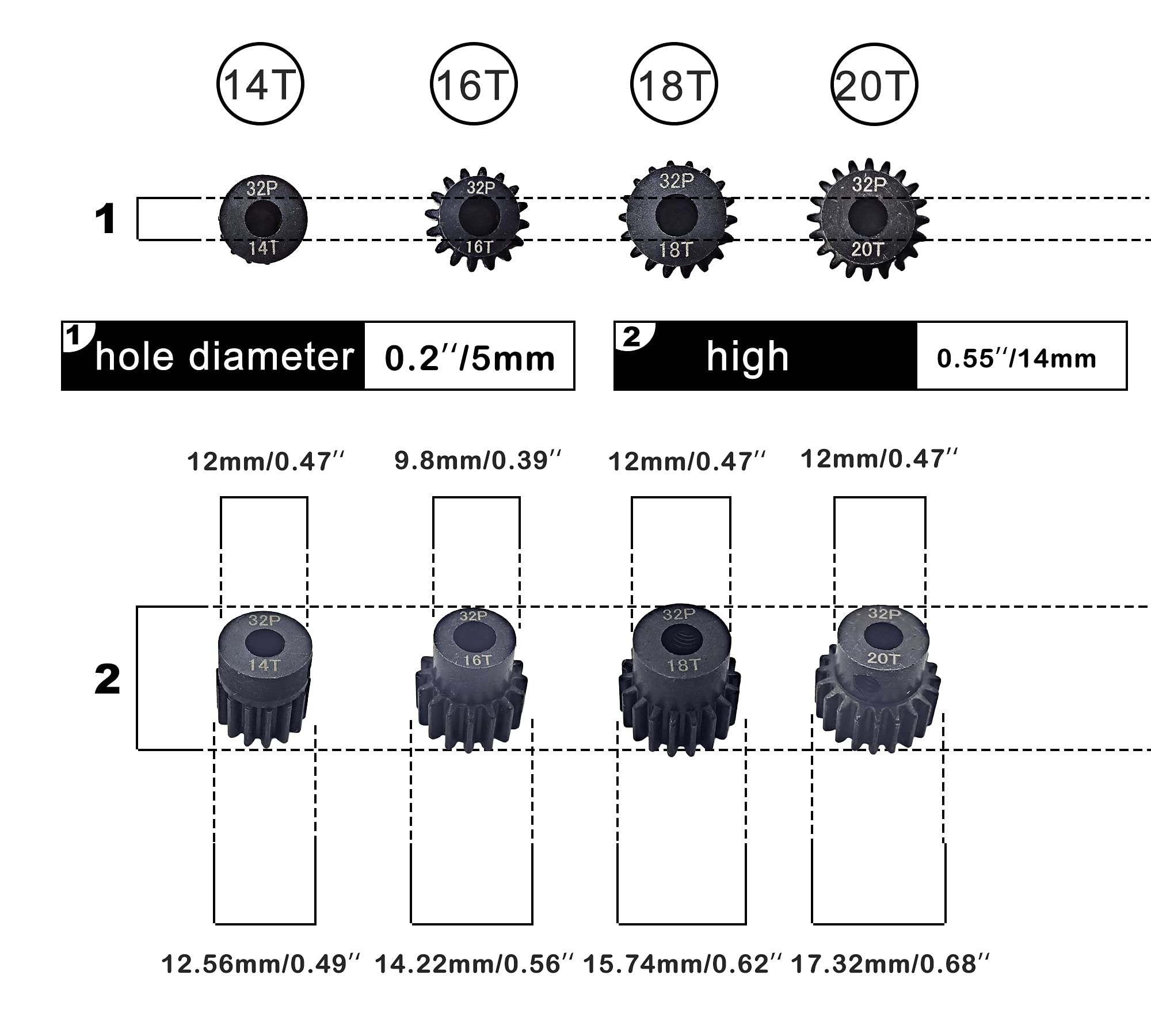 HOPLEX 32P Hardened Steel Pinion Gear Set 14T 16T 18T 20T with 3.175mm Coupler for RC