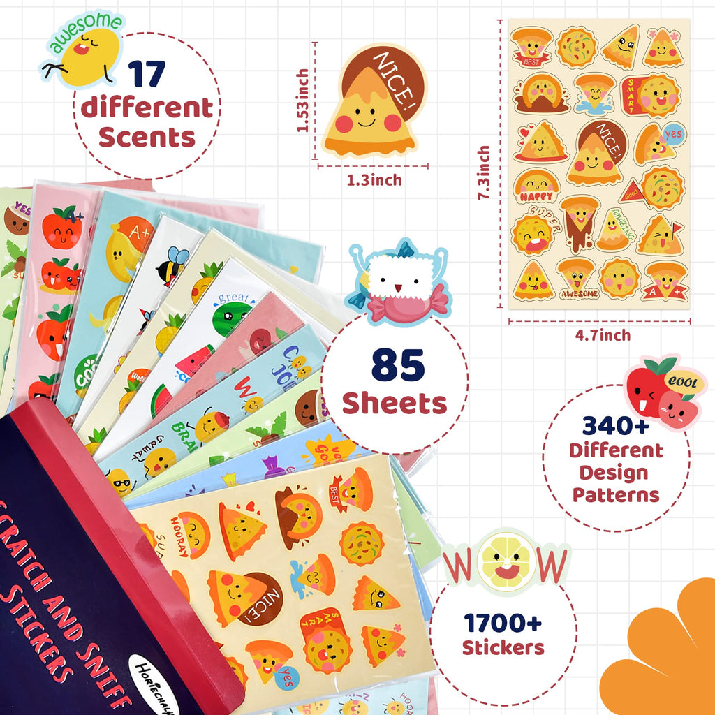 HORIECHALY 85-Sheet Scratch and Sniff Sticker Set – 17 Scents, 1670 Pieces for Kids Rewards