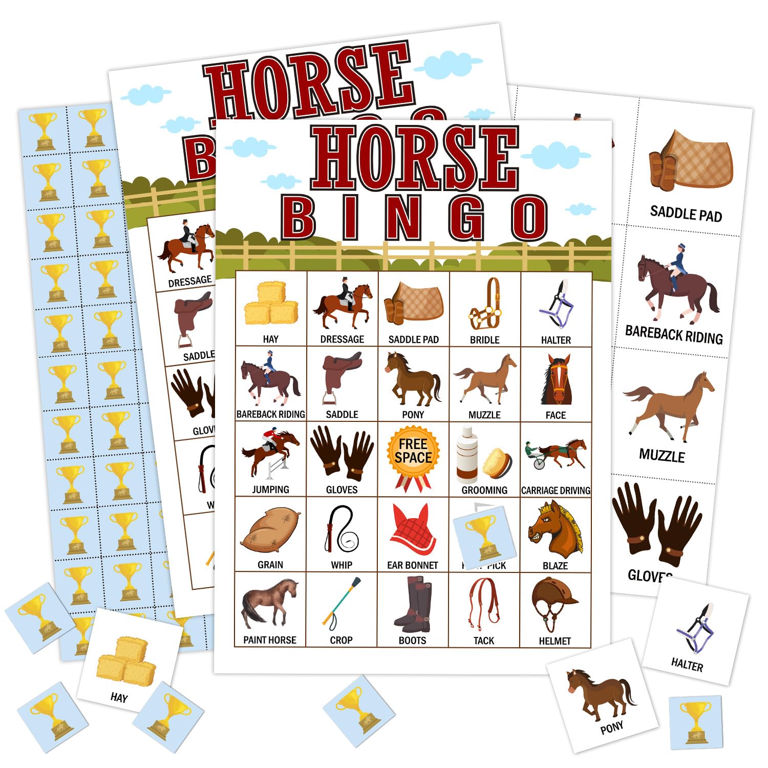 Horse Farm Bingo Cards - 24 Player Pony Party Bingo Game for Kids & Adults, Cowgirl Cowboy Theme Party Favor