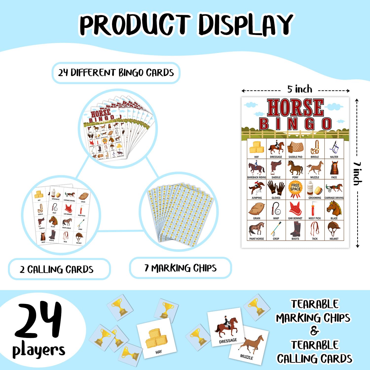 Horse Farm Bingo Cards - 24 Player Pony Party Bingo Game for Kids & Adults, Cowgirl Cowboy Theme Party Favor