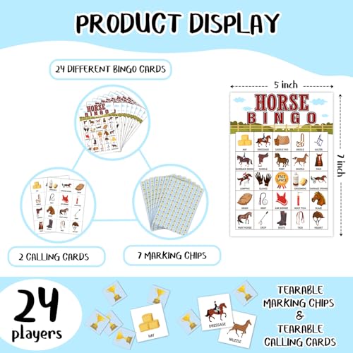 Horse Farm Bingo Cards - 24 Player Pony Party Bingo Game for Kids & Adults, Cowgirl Cowboy Theme Party Favor
