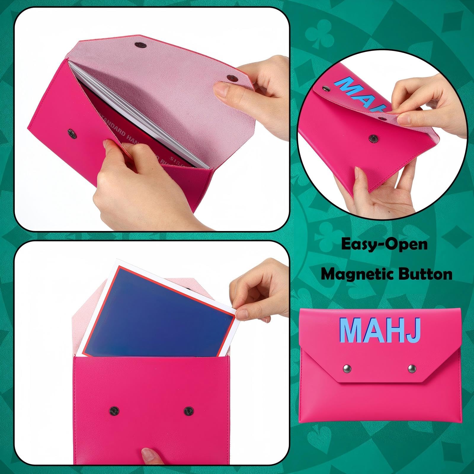 Hot Pink Leather Mahjong Card Clutch Holder - Magnetic Closure Protective Case for Game Night (7x5 Inch)