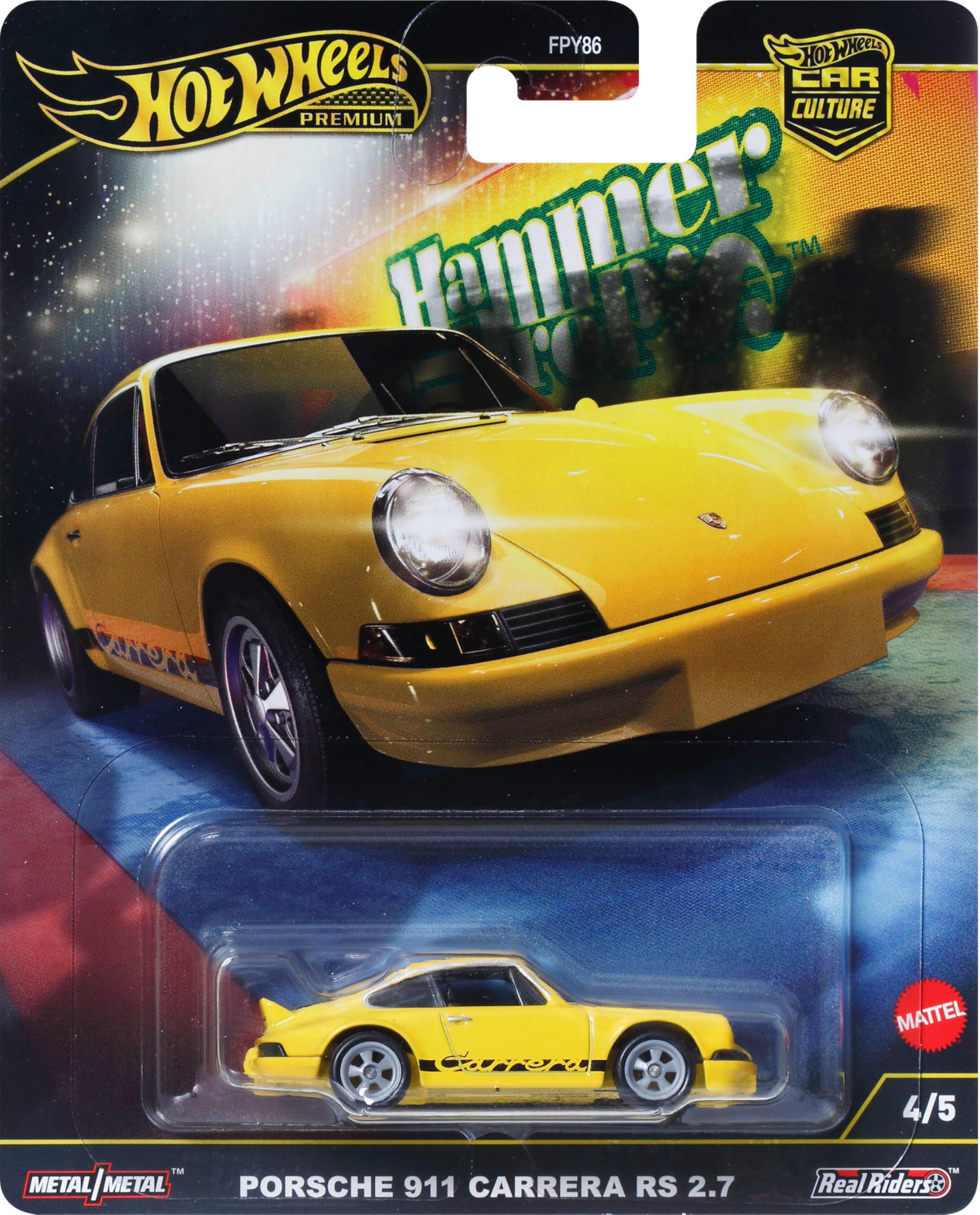 Hot Wheels Premium Car Culture Hammer Drop Porsche 911 Carrera RS 2.7 – 1:64 Scale Die-Cast with Real Riders Tires