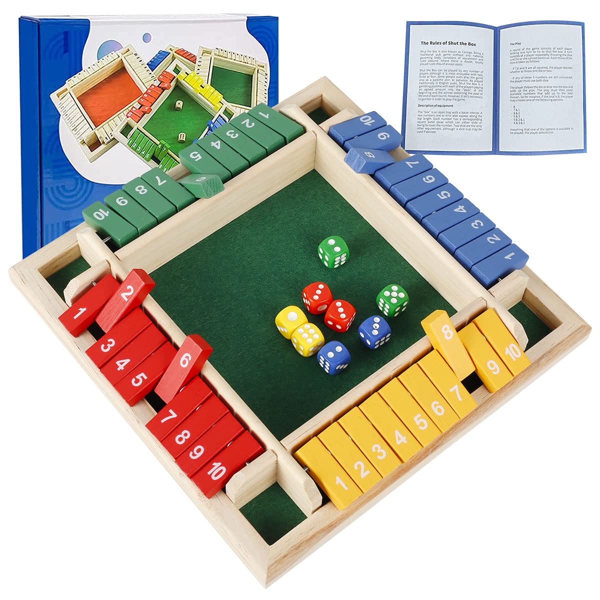 HOTBEST Shut the Box Wooden Dice Game – 2-4 Player Family Math Game with 8 Colored Dice
