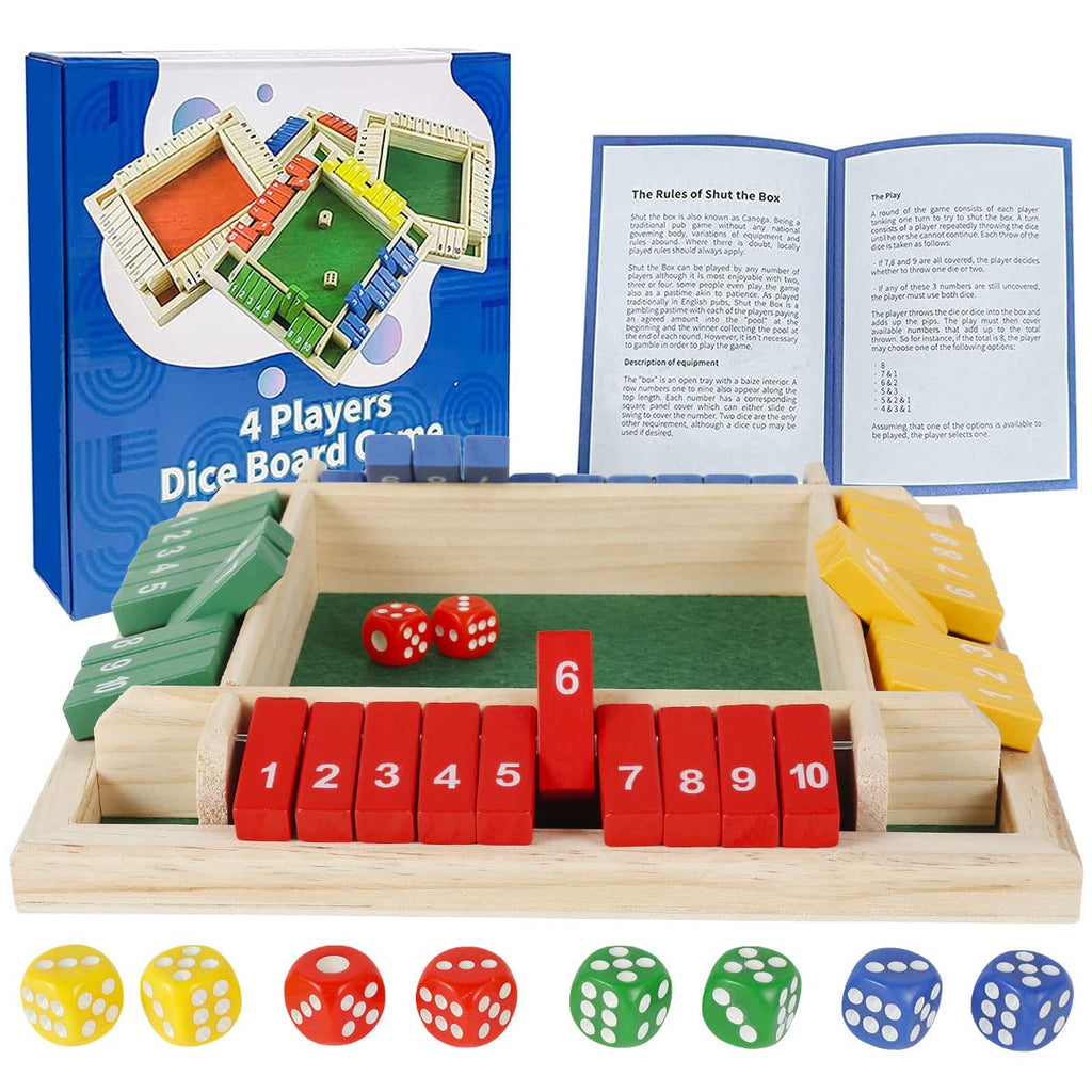 HOTBEST Shut the Box Wooden Dice Game – 2-4 Player Family Math Game with 8 Colored Dice