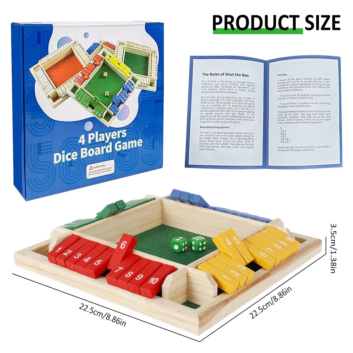 HOTBEST Shut the Box Wooden Dice Game – 2-4 Player Family Math Game with 8 Colored Dice