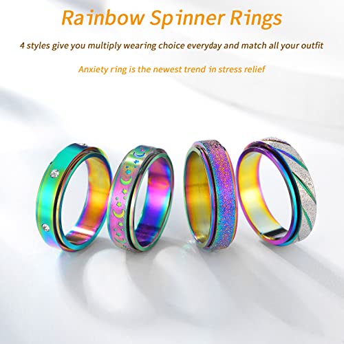 Hothink 4-Pack Rainbow Titanium Steel Fidget Spinner Rings | 6mm Width | Sizes 5-11 | Unisex Anxiety Rings