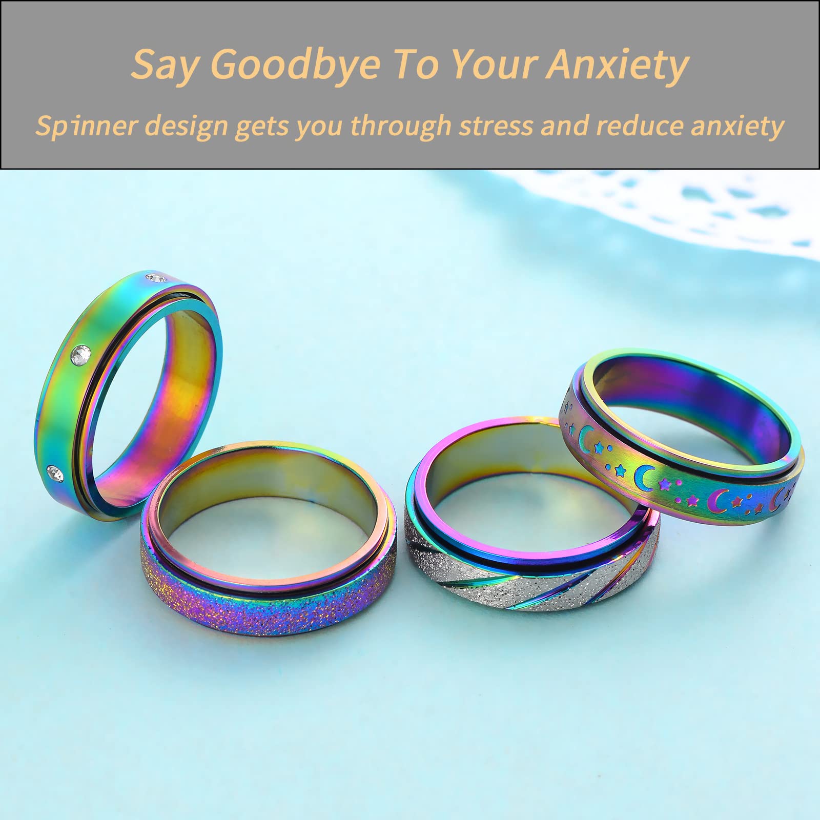 Hothink 4-Pack Rainbow Titanium Steel Fidget Spinner Rings | 6mm Width | Sizes 5-11 | Unisex Anxiety Rings