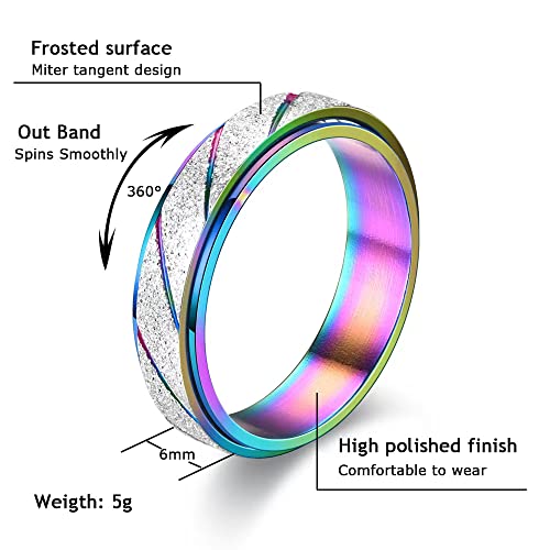 Hothink 4-Pack Rainbow Titanium Steel Fidget Spinner Rings | 6mm Width | Sizes 5-11 | Unisex Anxiety Rings