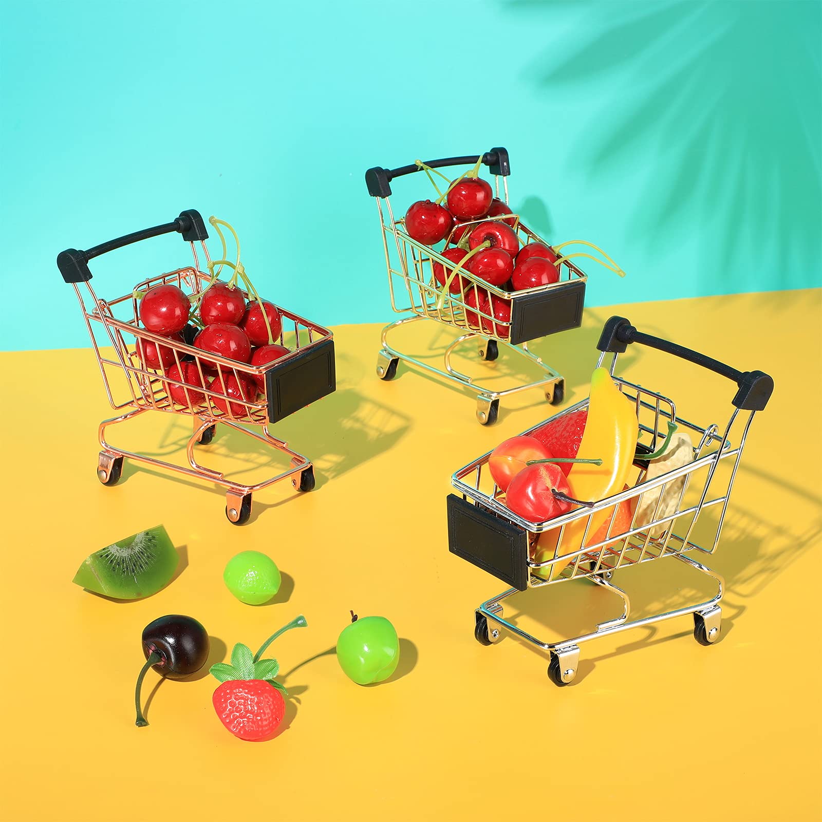 Hotop 3-Piece Mini Shopping Cart Set – Silver, Gold, Rose Gold – Metal Toy and Desk Organizer