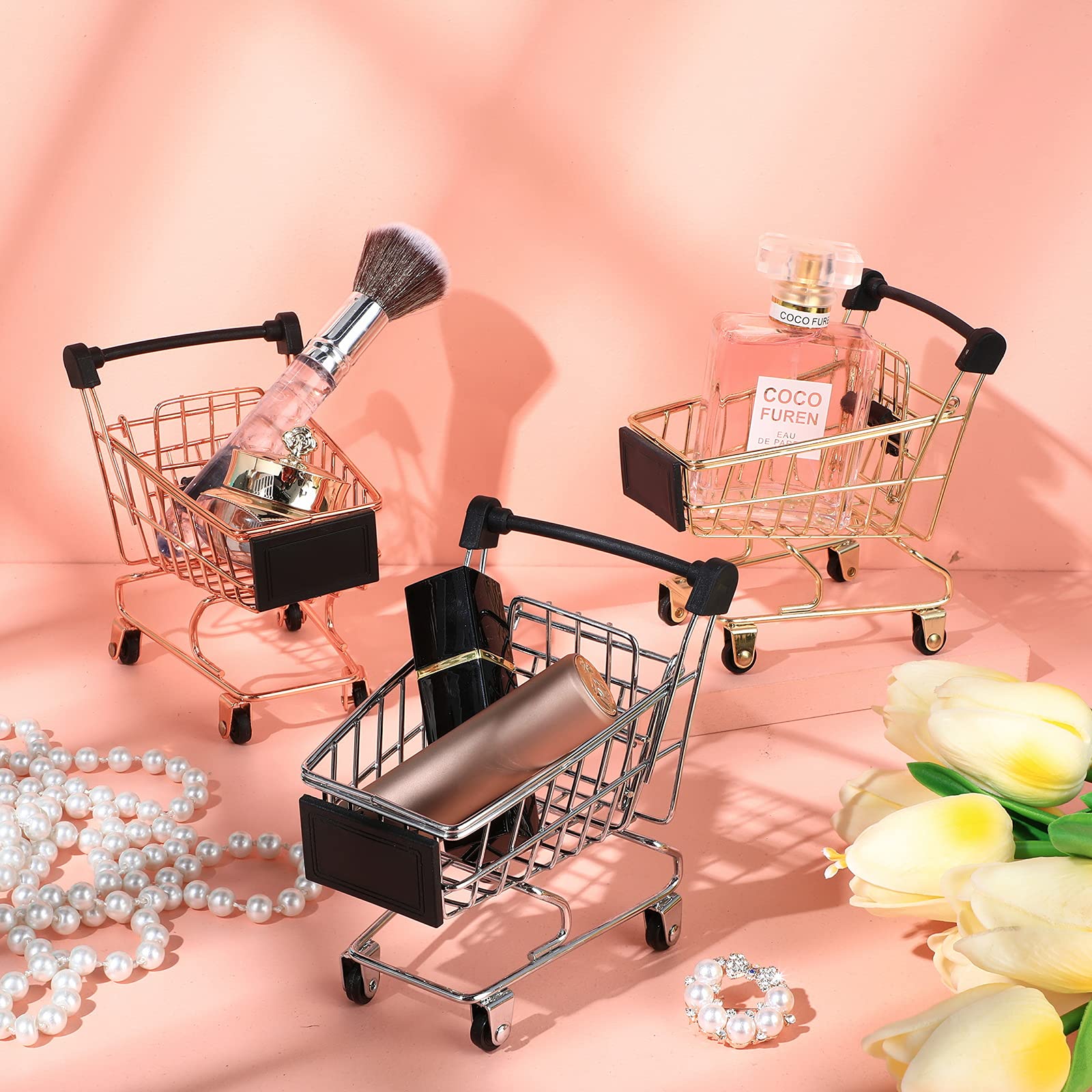 Hotop 3-Piece Mini Shopping Cart Set – Silver, Gold, Rose Gold – Metal Toy and Desk Organizer
