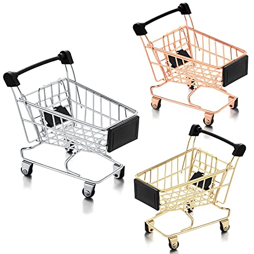 Hotop 3-Piece Mini Shopping Cart Set – Silver, Gold, Rose Gold – Metal Toy and Desk Organizer