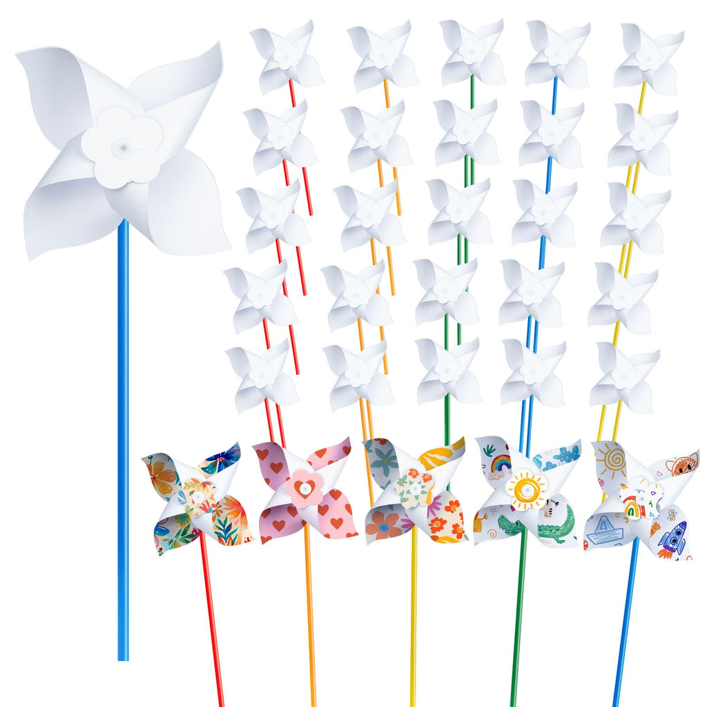 HOTPLACY 25 Pack DIY Pinwheels Craft Kit for Kids – Color Your Own White Pinwheels with Colorful Handles, Bulk Spring Craft for Creativity