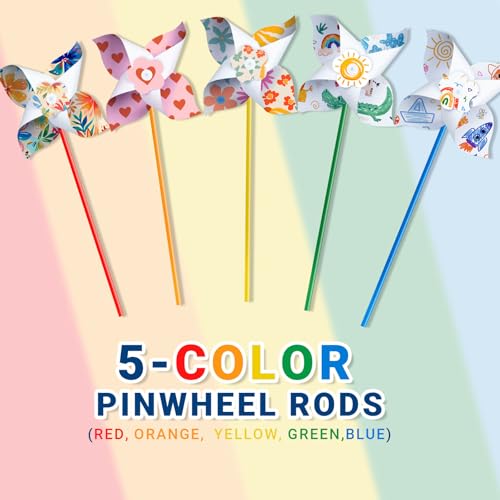 HOTPLACY 25 Pack DIY Pinwheels Craft Kit for Kids – Color Your Own White Pinwheels with Colorful Handles, Bulk Spring Craft for Creativity