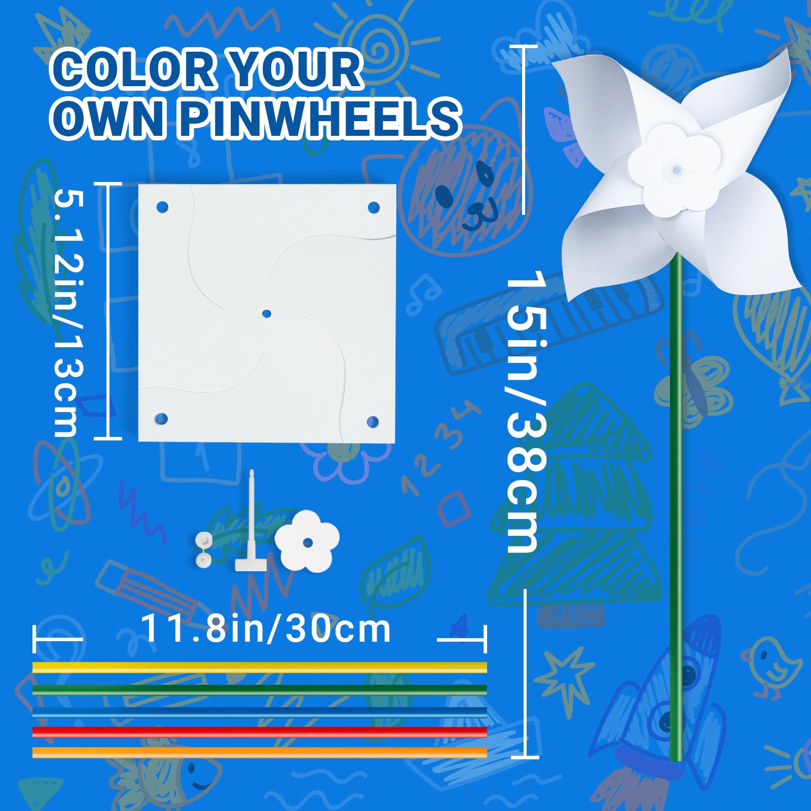 HOTPLACY 25 Pack DIY Pinwheels Craft Kit for Kids – Color Your Own White Pinwheels with Colorful Handles, Bulk Spring Craft for Creativity