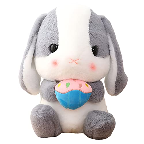 HOUPU Sitting Lop-Eared Rabbit Plush Toy - Soft Stuffed Bunny with Carrot, 8.6in/22cm (Ash White-Cake)