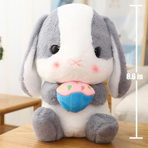 HOUPU Sitting Lop-Eared Rabbit Plush Toy - Soft Stuffed Bunny with Carrot, 8.6in/22cm (Ash White-Cake)