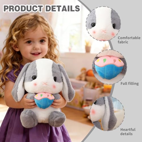 HOUPU Sitting Lop-Eared Rabbit Plush Toy - Soft Stuffed Bunny with Carrot, 8.6in/22cm (Ash White-Cake)