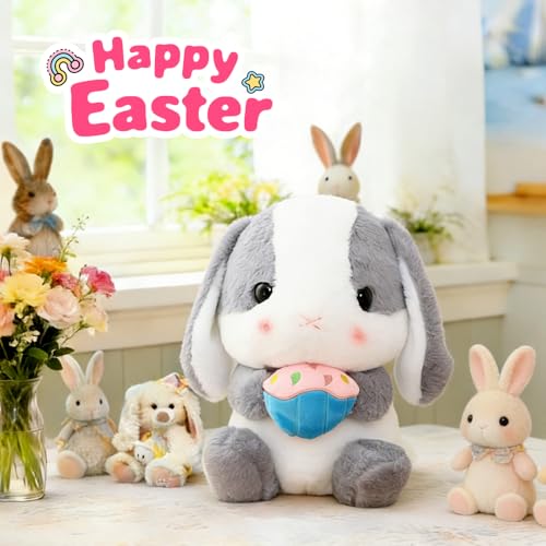 HOUPU Sitting Lop-Eared Rabbit Plush Toy - Soft Stuffed Bunny with Carrot, 8.6in/22cm (Ash White-Cake)