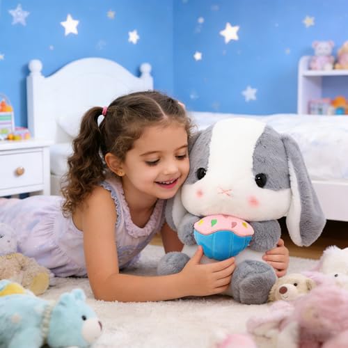 HOUPU Sitting Lop-Eared Rabbit Plush Toy - Soft Stuffed Bunny with Carrot, 8.6in/22cm (Ash White-Cake)