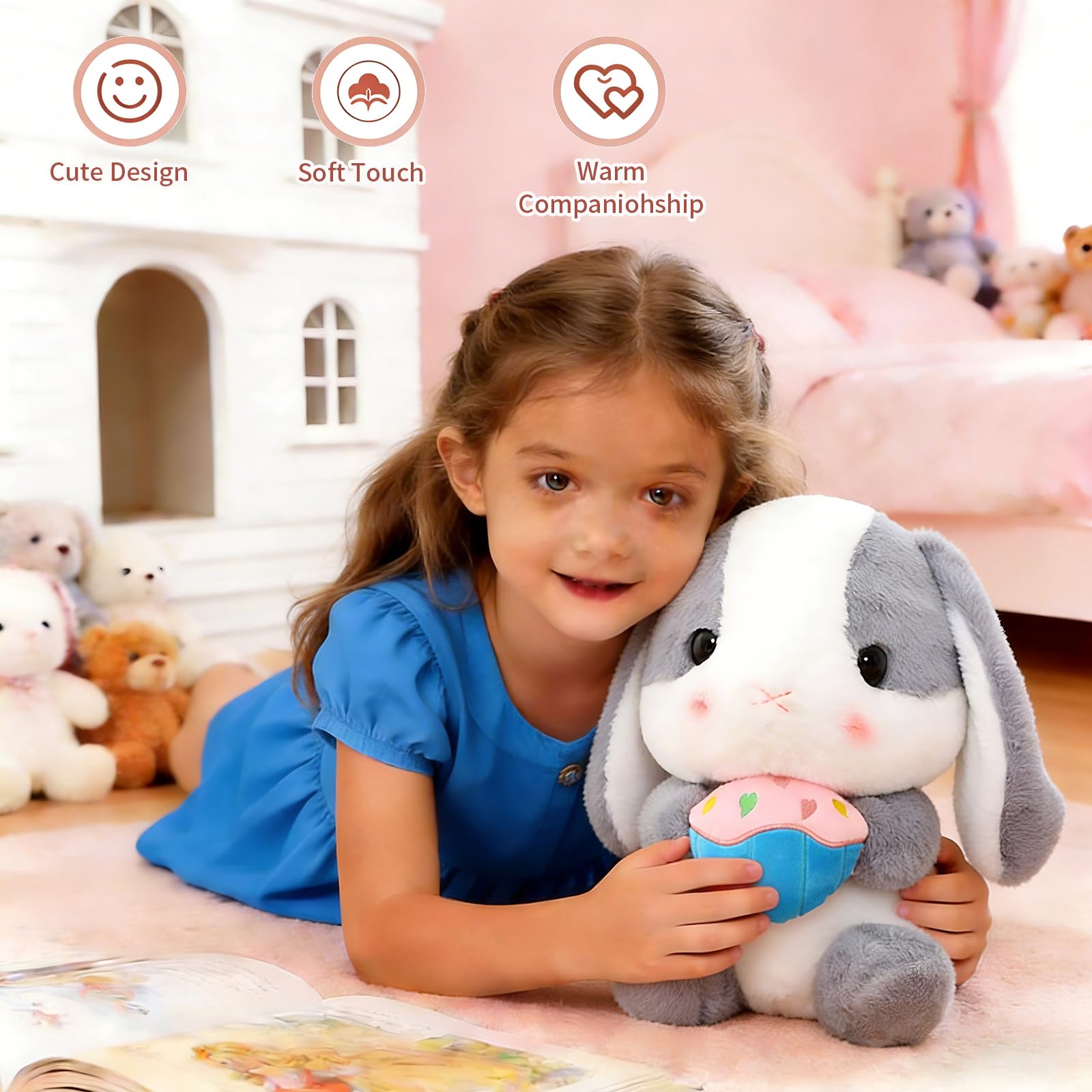 HOUPU Sitting Lop-Eared Rabbit Plush Toy - Soft Stuffed Bunny with Carrot, 8.6in/22cm (Ash White-Cake)