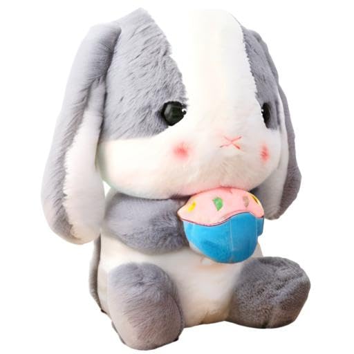 HOUPU Sitting Lop-Eared Rabbit Plush Toy - Soft Stuffed Bunny with Carrot, 8.6in/22cm (Ash White-Cake)