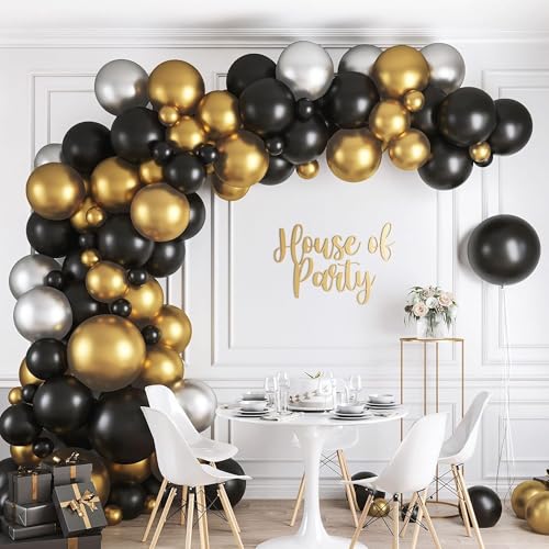 HOUSE OF PARTY Black and Gold Balloon Arch Kit - 5/10/12/18 Inch Latex Balloons for Anniversary, Graduation, Memorial Day Party Decor