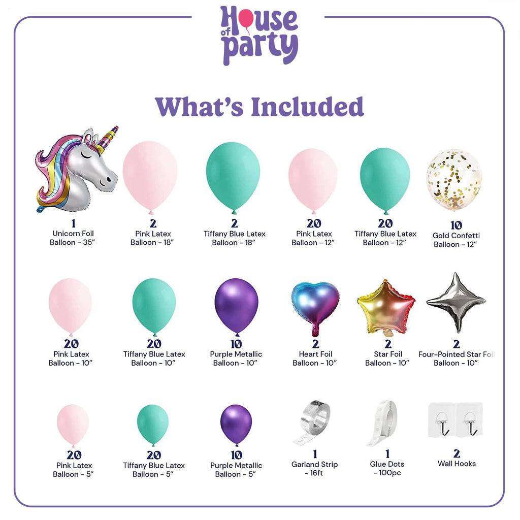 HOUSE OF PARTY Unicorn Balloon Arch Kit - Pink, Purple & Gold Confetti Latex Balloons for Birthday, Bridal Shower, Photo Booth Decor