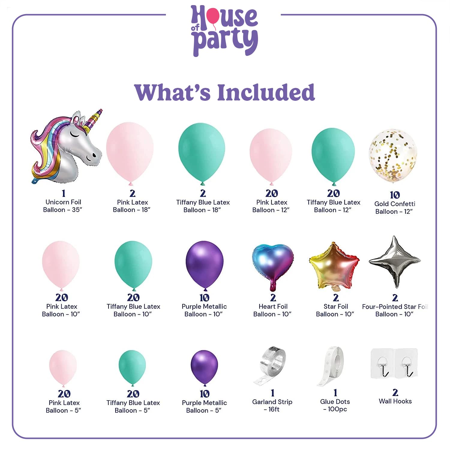 HOUSE OF PARTY Unicorn Balloon Arch Kit - Pink, Purple & Gold Confetti Latex Balloons for Birthday, Bridal Shower, Photo Booth Decor