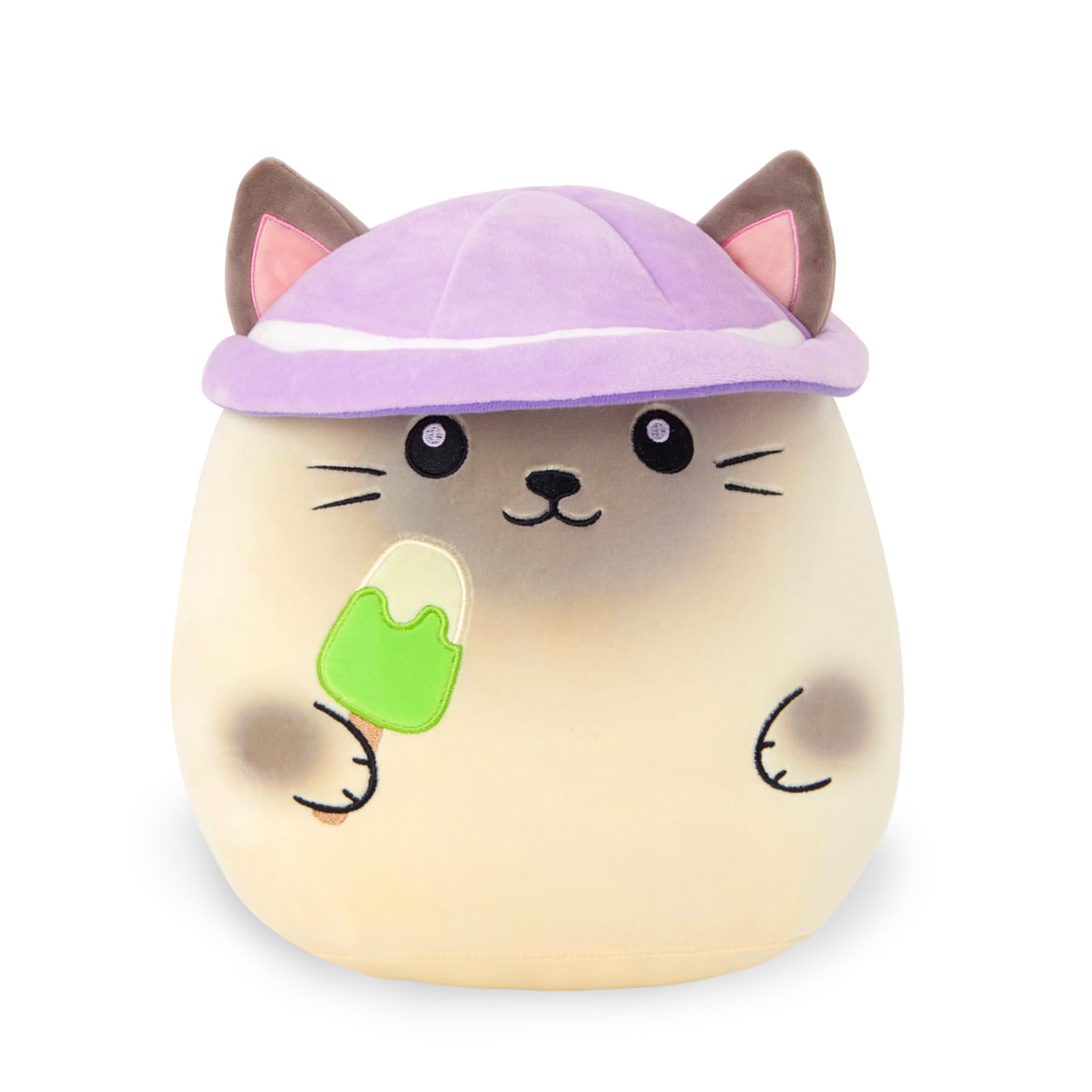 Houwsbaby 12-Inch Siamese Kitten Plush Pillow Eating Ice Cream with Hat – Soft Cuddly Birthday Gift for Kids