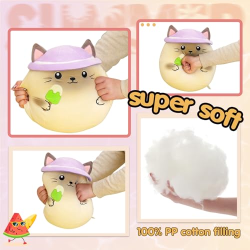 Houwsbaby 12-Inch Siamese Kitten Plush Pillow Eating Ice Cream with Hat – Soft Cuddly Birthday Gift for Kids