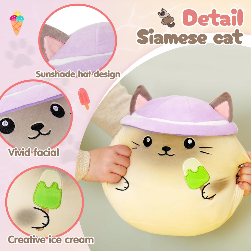 Houwsbaby 12-Inch Siamese Kitten Plush Pillow Eating Ice Cream with Hat – Soft Cuddly Birthday Gift for Kids