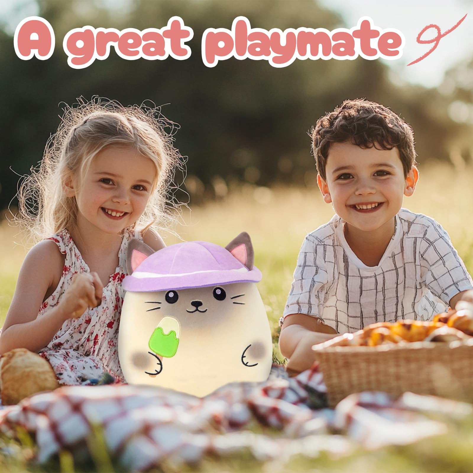Houwsbaby 12-Inch Siamese Kitten Plush Pillow Eating Ice Cream with Hat – Soft Cuddly Birthday Gift for Kids