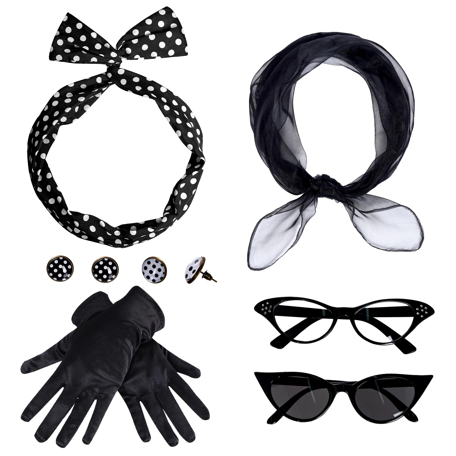 HOVEOX 1950s Costume Accessories Set for Women – Headband, Scarf, Glasses, Gloves & Earrings