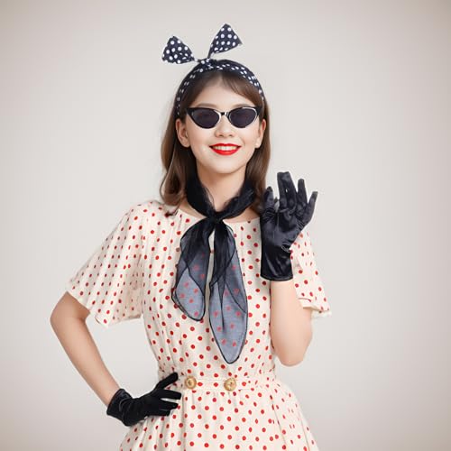 HOVEOX 1950s Costume Accessories Set for Women – Headband, Scarf, Glasses, Gloves & Earrings