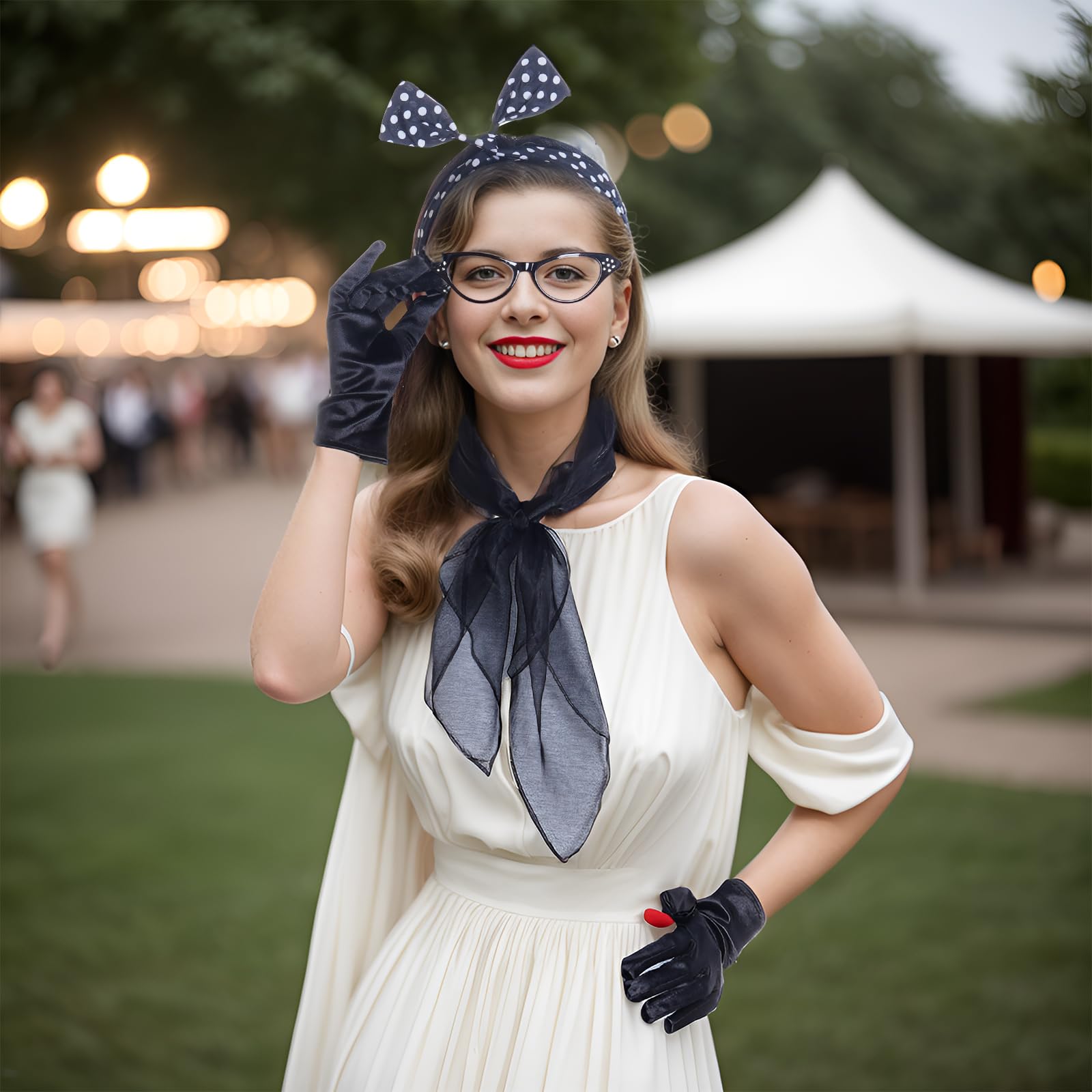 HOVEOX 1950s Costume Accessories Set for Women – Headband, Scarf, Glasses, Gloves & Earrings