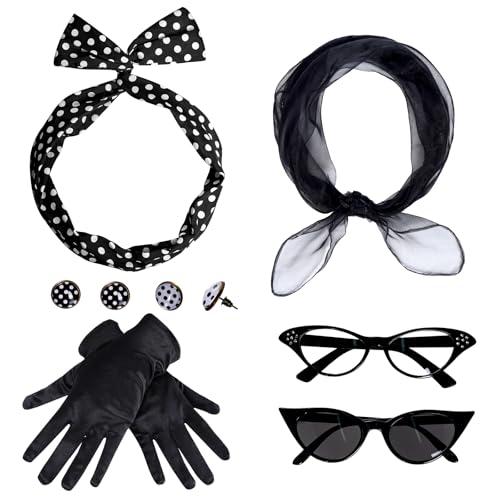 HOVEOX 1950s Costume Accessories Set for Women – Headband, Scarf, Glasses, Gloves & Earrings