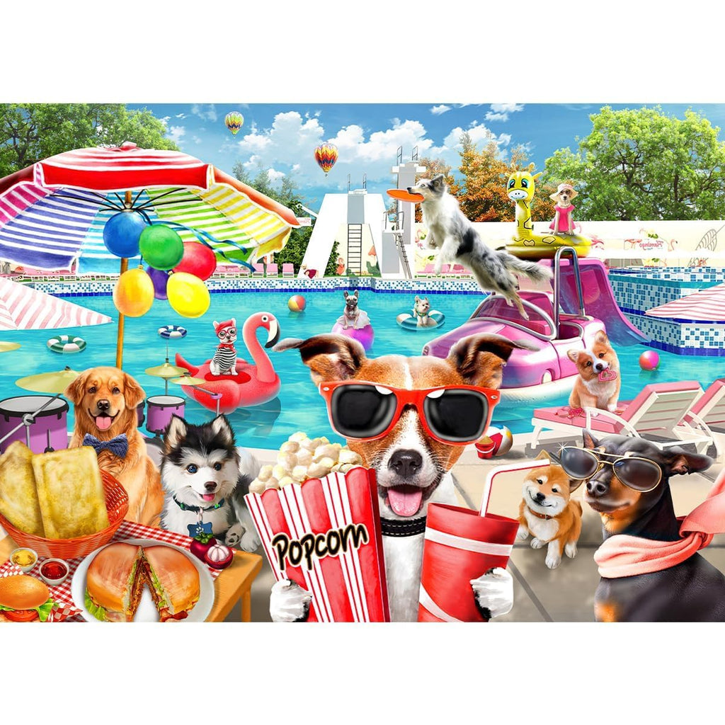 HUADADA 1000-Piece Jigsaw Puzzle: Dogs Pool Party, 27.5x19.6 Inches with Poster